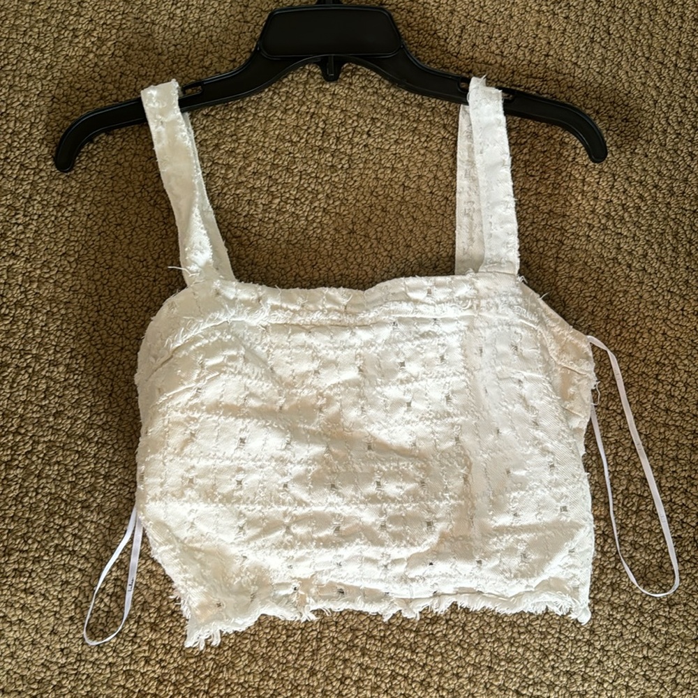 white crocheted crop tank